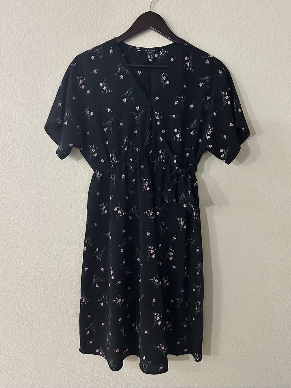 New Look Black Floral Wrap MATERNITY Dress with Pink Accents